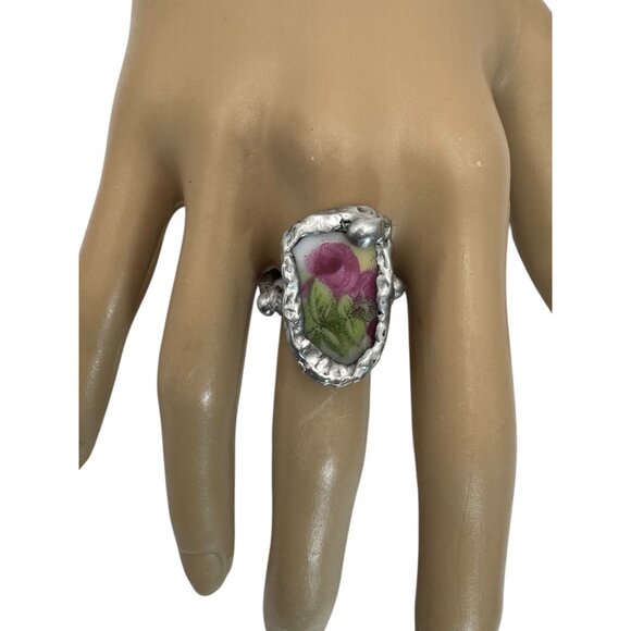 Antique Rose Ring Made From Fine Bone Broken China Encased in Silver Blend Metal - Picture 10 of 13